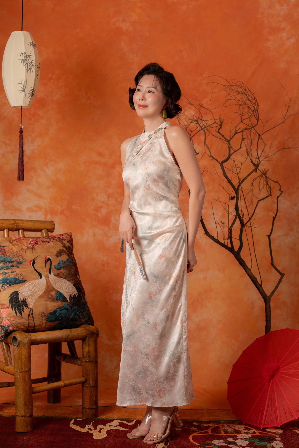 Oriana Crane Cheongsam Dress in Pearl White