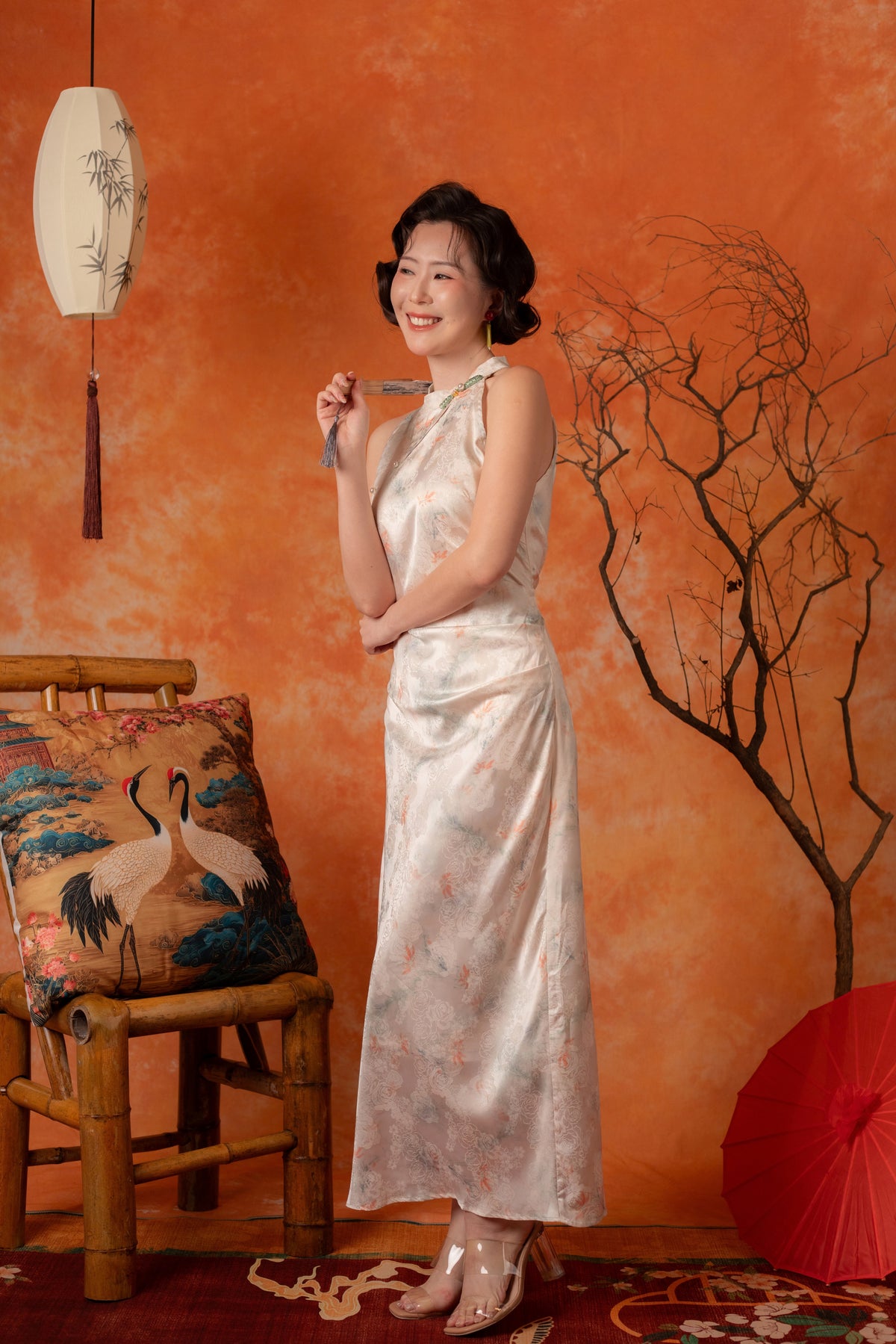 Oriana Crane Cheongsam Dress in Pearl White