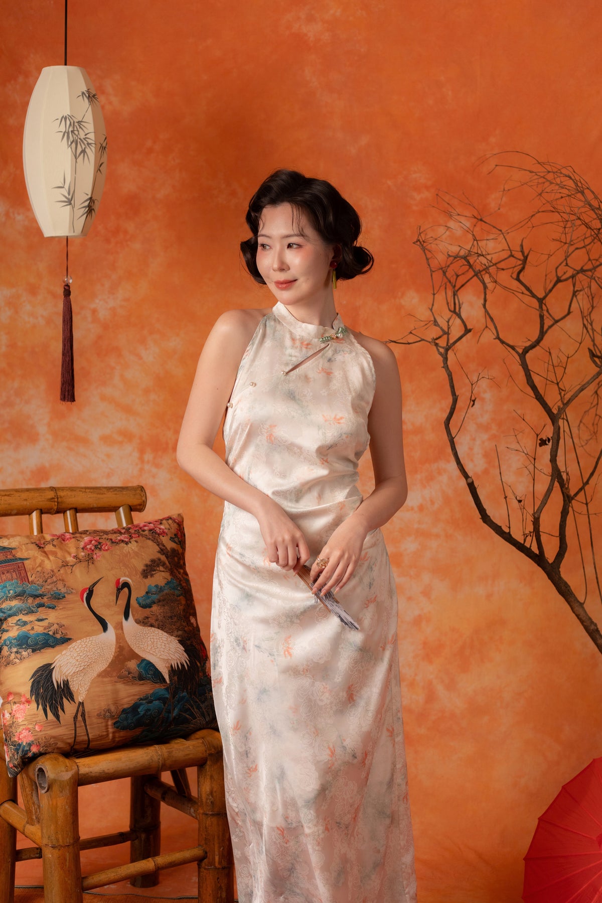 Oriana Crane Cheongsam Dress in Pearl White