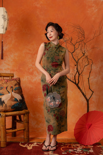 Peony Grove Cheongsam Dress in Olive