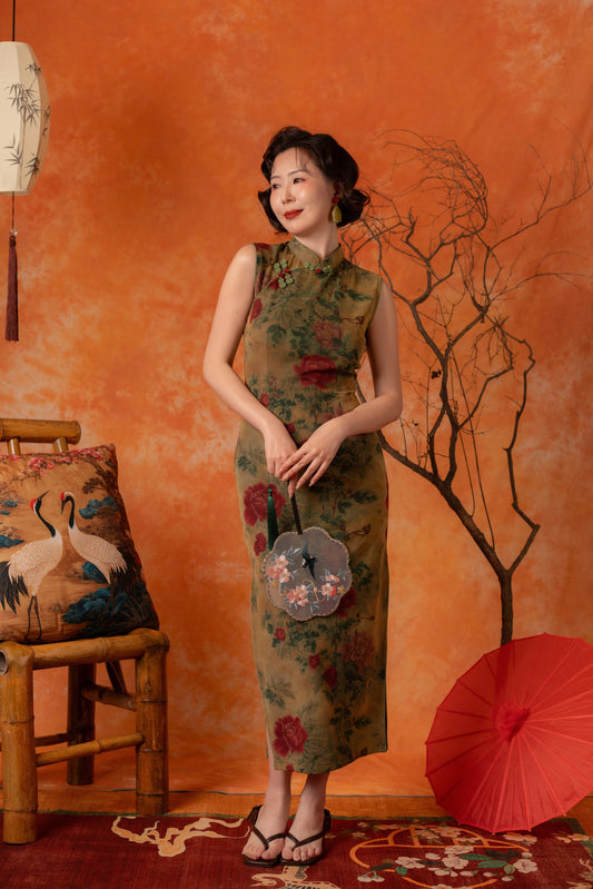 Peony Grove Cheongsam Dress in Olive