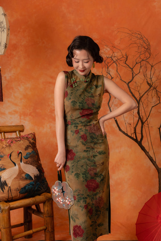 Peony Grove Cheongsam Dress in Olive