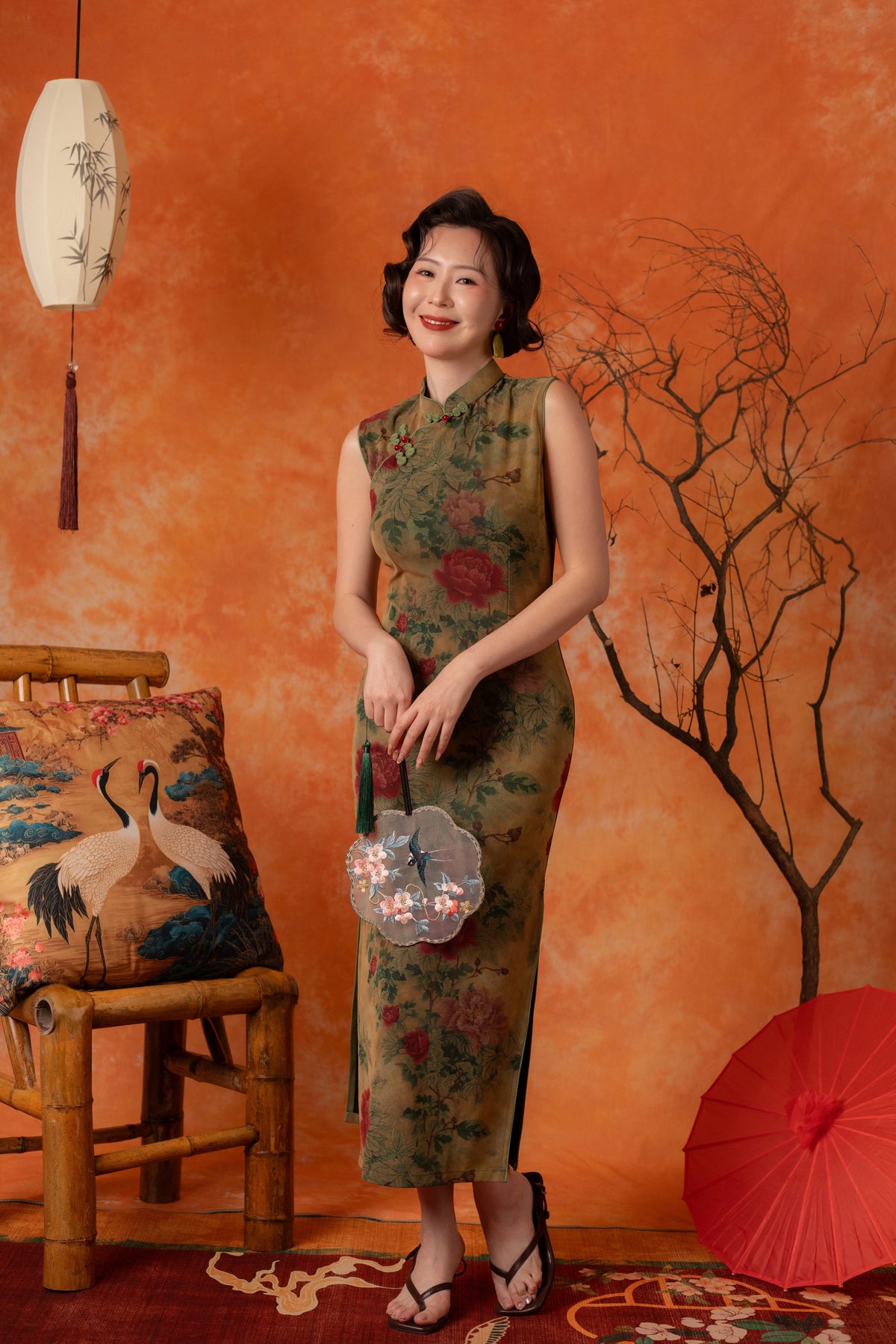 Peony Grove Cheongsam Dress in Olive