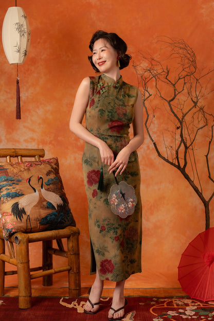 Peony Grove Cheongsam Dress in Olive