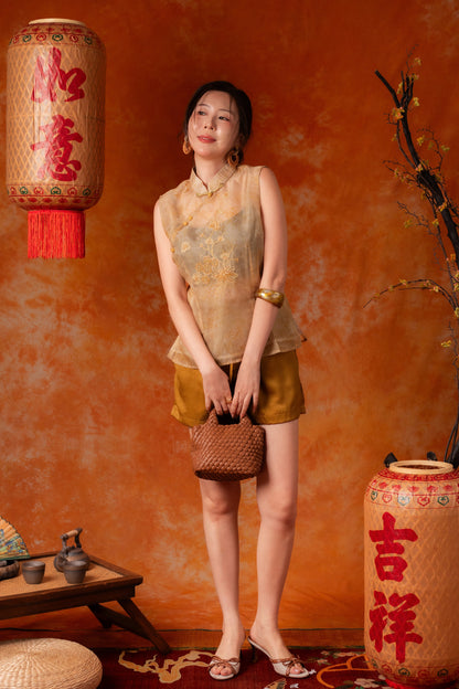Arabella Sleeveless Cheongsam Top in Champagne