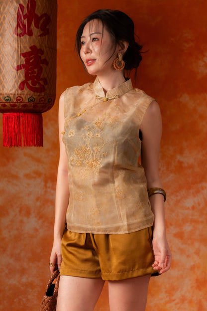 Arabella Sleeveless Cheongsam Top in Champagne