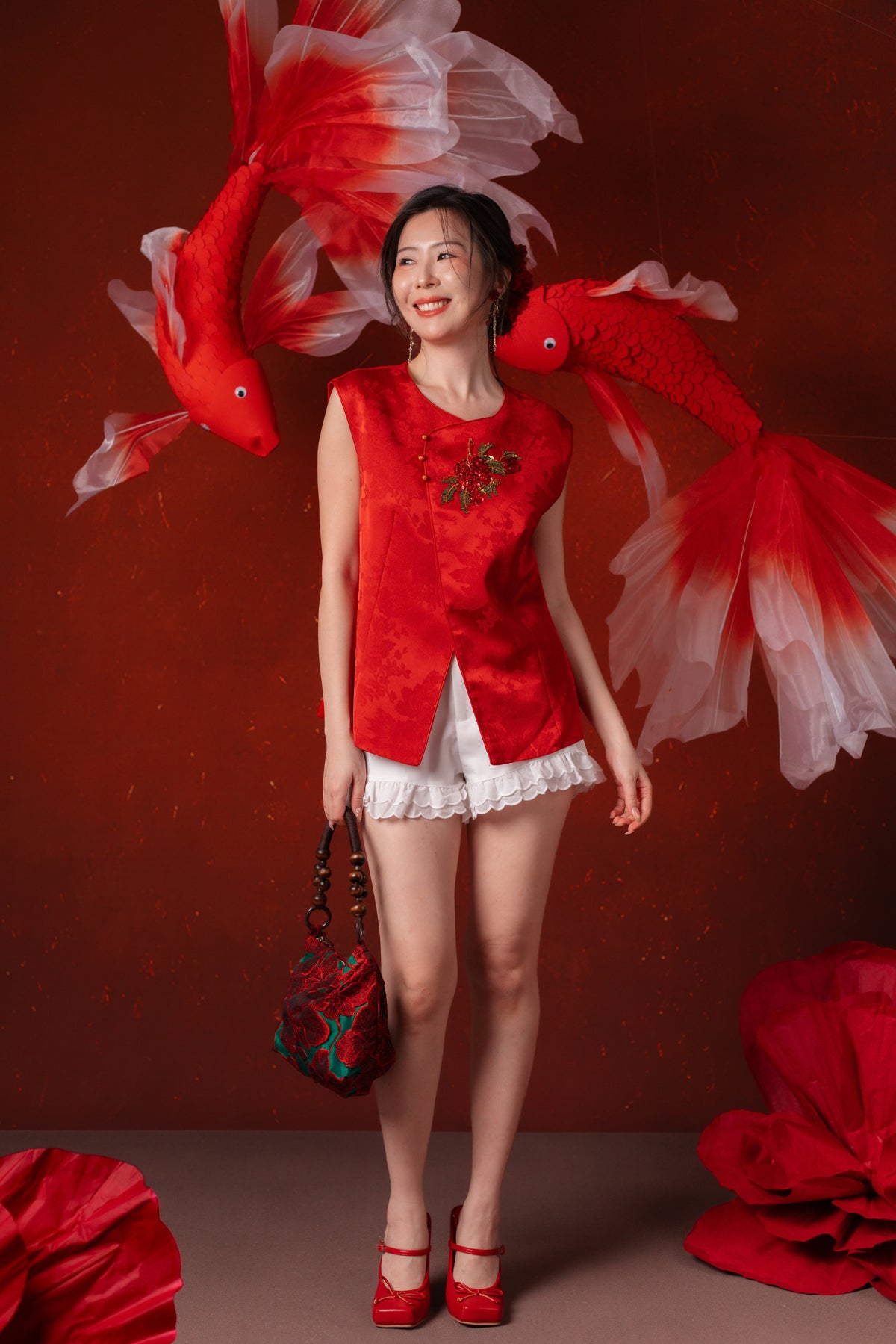 Evelina Ruby Bloom Cheongsam Top in Red