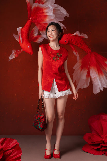 Evelina Ruby Bloom Cheongsam Top in Red