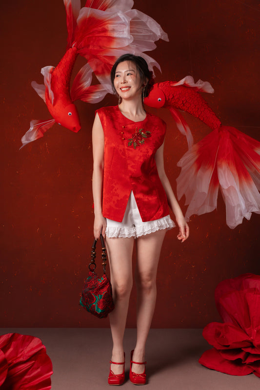 Evelina Ruby Bloom Cheongsam Top in Red