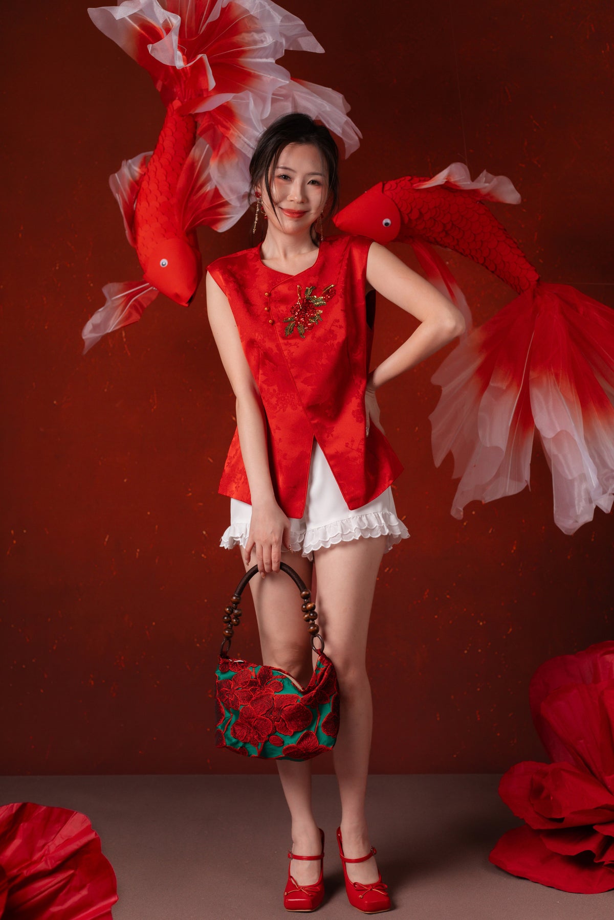 Evelina Ruby Bloom Cheongsam Top in Red