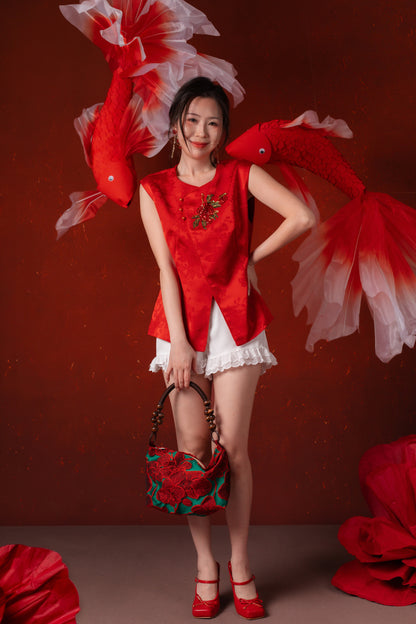 Evelina Ruby Bloom Cheongsam Top in Red