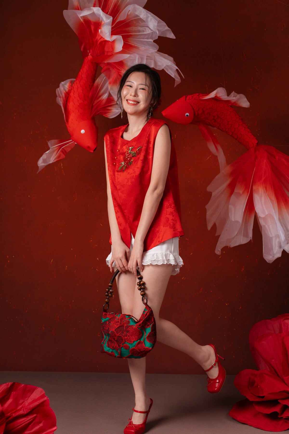 Evelina Ruby Bloom Cheongsam Top in Red