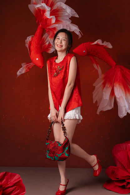 Evelina Ruby Bloom Cheongsam Top in Red