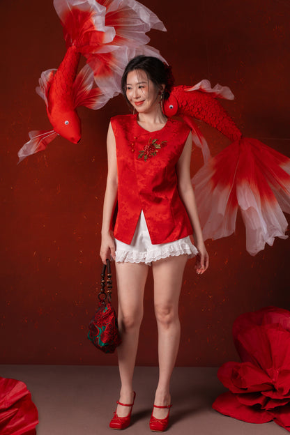Evelina Ruby Bloom Cheongsam Top in Red