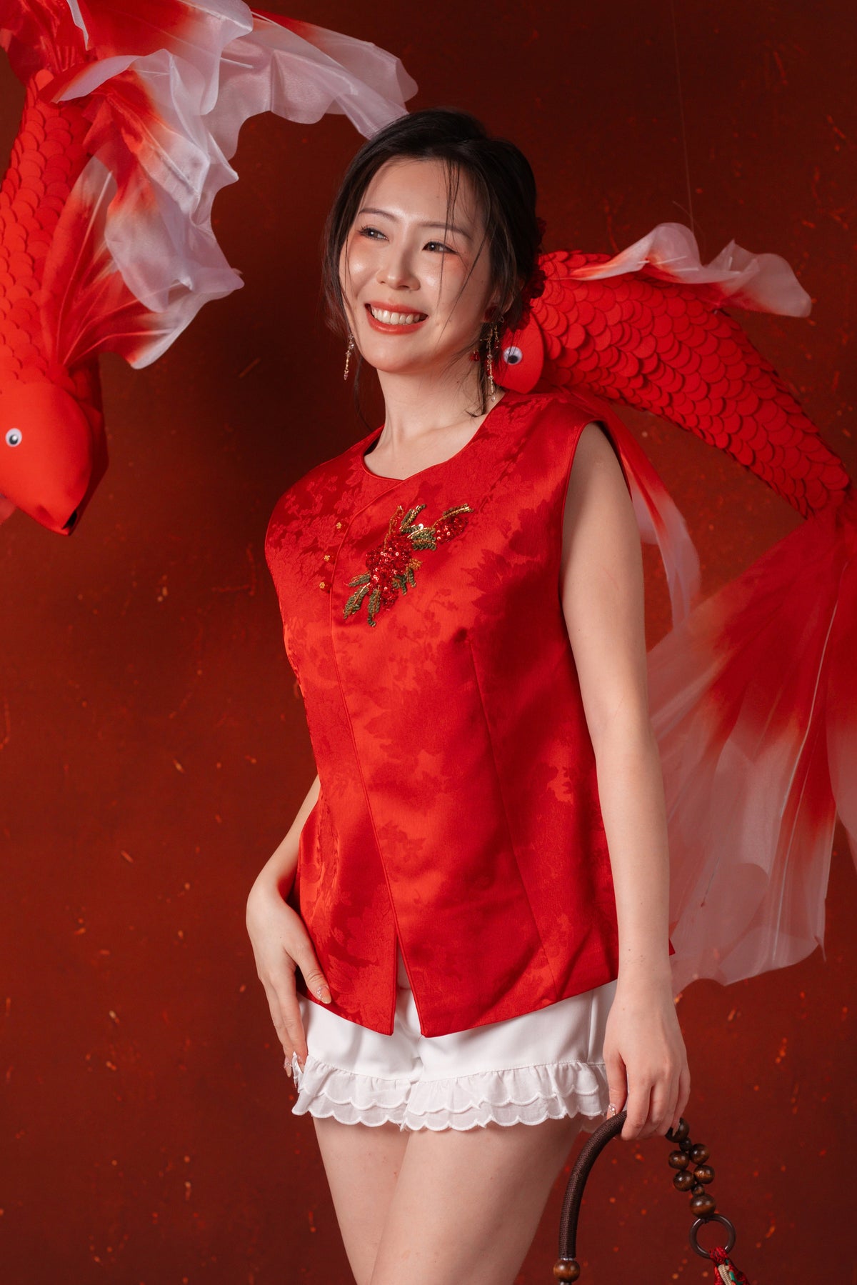 Evelina Ruby Bloom Cheongsam Top in Red