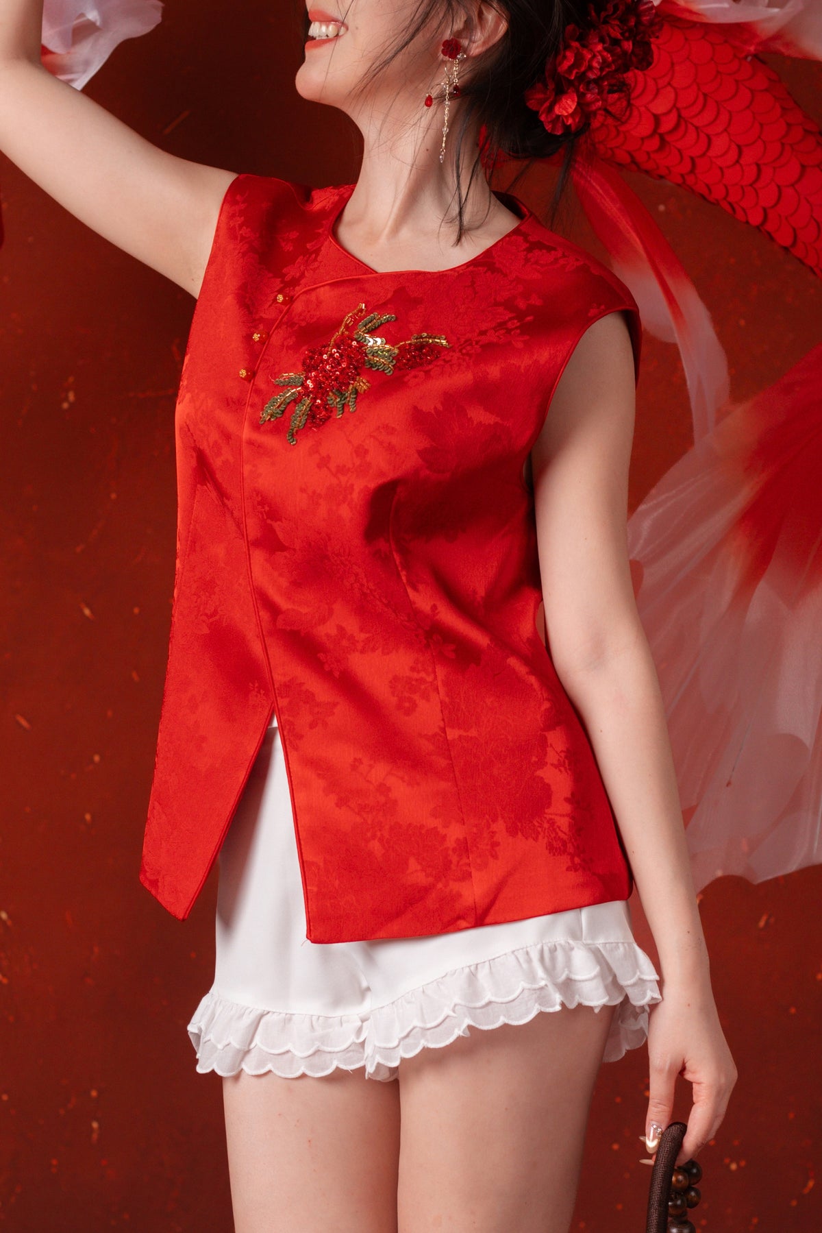 Evelina Ruby Bloom Cheongsam Top in Red