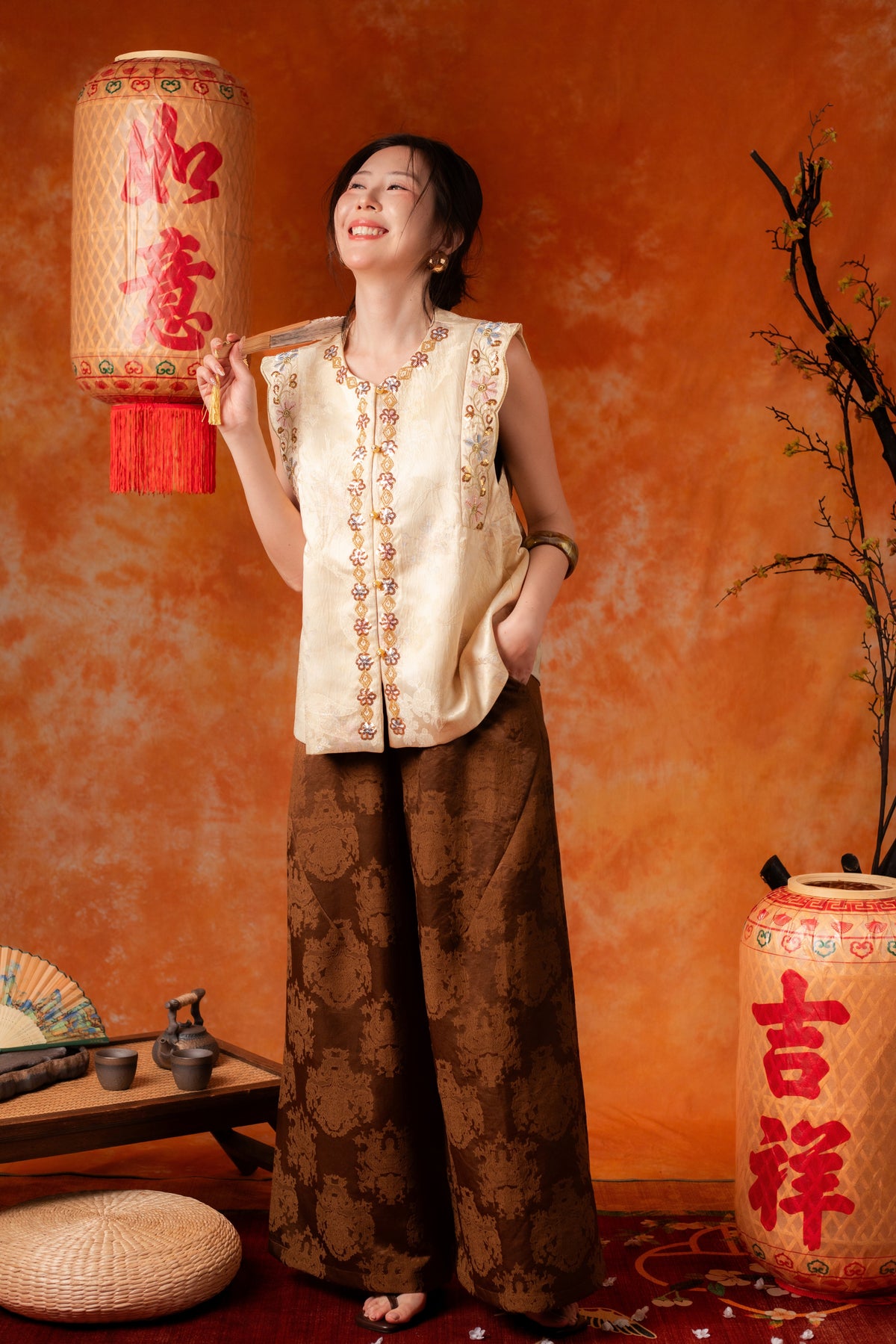 Alessia Damask Wide-Leg Pants in Brown