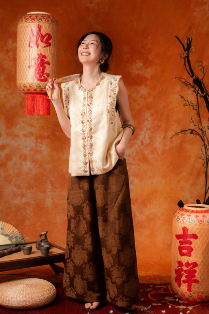 Alessia Damask Wide-Leg Pants in Brown