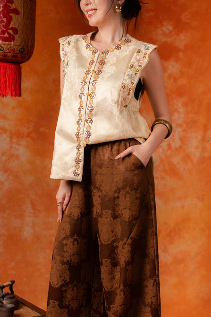 Alessia Damask Wide-Leg Pants in Brown