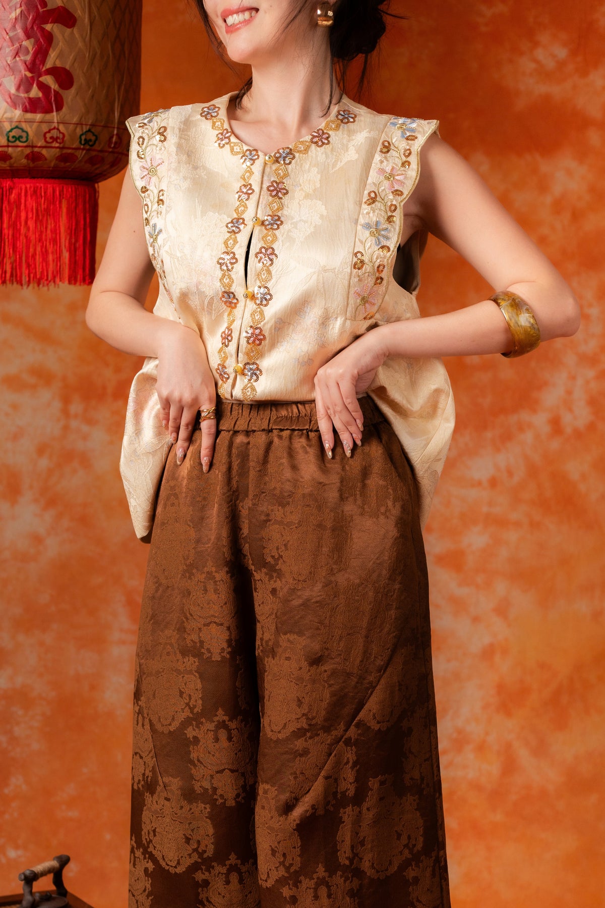 Alessia Damask Wide-Leg Pants in Brown