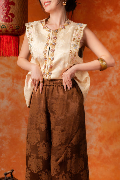 Alessia Damask Wide-Leg Pants in Brown