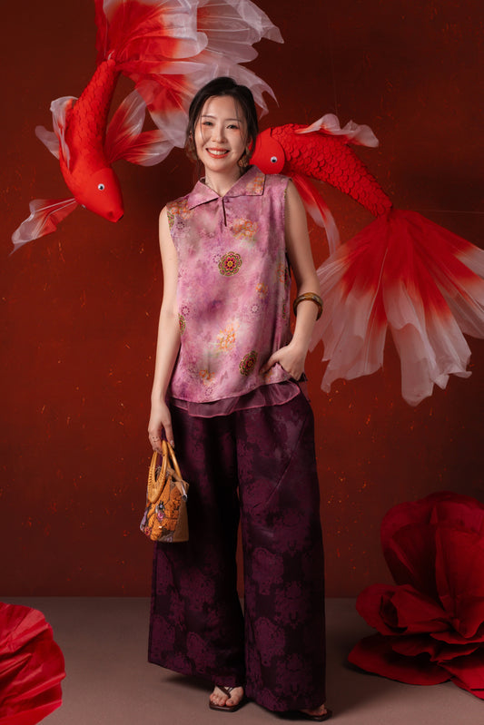 Alessia Damask Wide-Leg Pants in Deep Purple