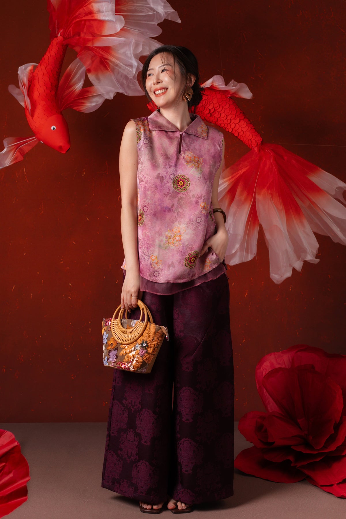Alessia Damask Wide-Leg Pants in Deep Purple