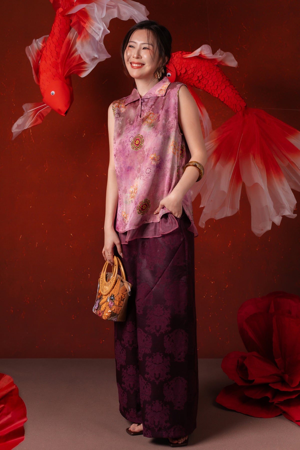 Alessia Damask Wide-Leg Pants in Deep Purple