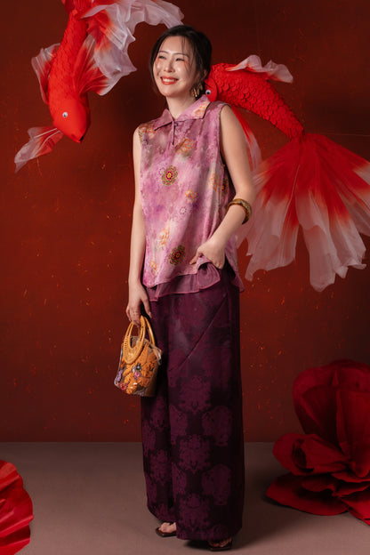 Alessia Damask Wide-Leg Pants in Deep Purple
