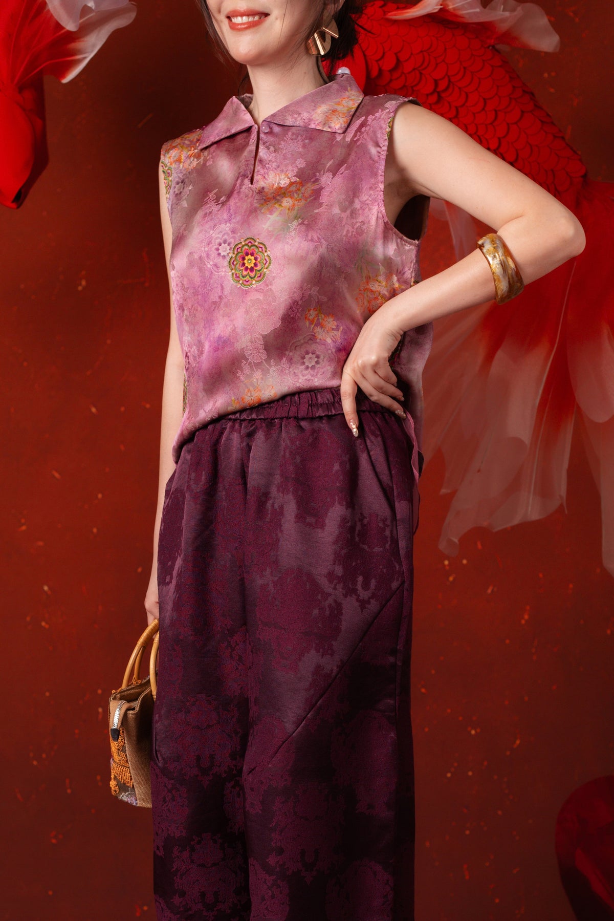 Alessia Damask Wide-Leg Pants in Deep Purple