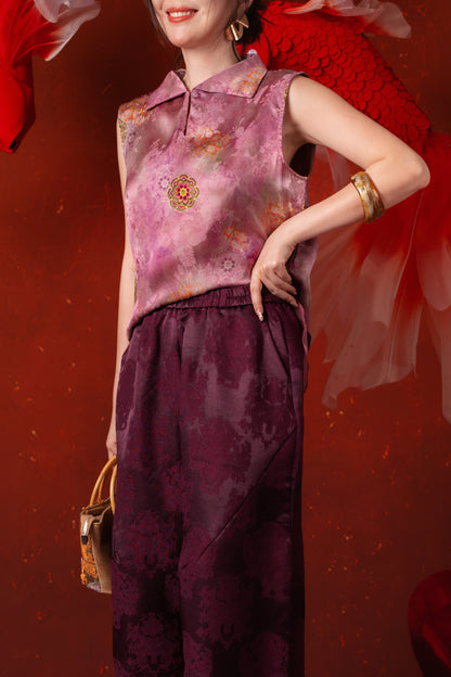 Alessia Damask Wide-Leg Pants in Deep Purple
