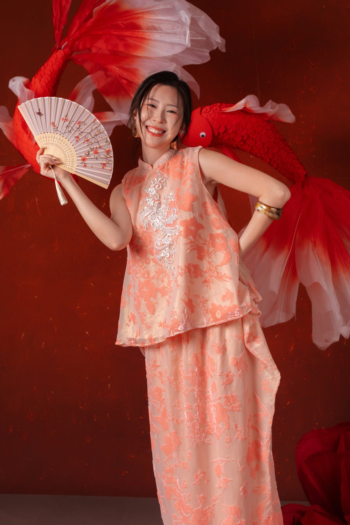 Celia Silver Blossom Cheongsam Top in Blush Pink