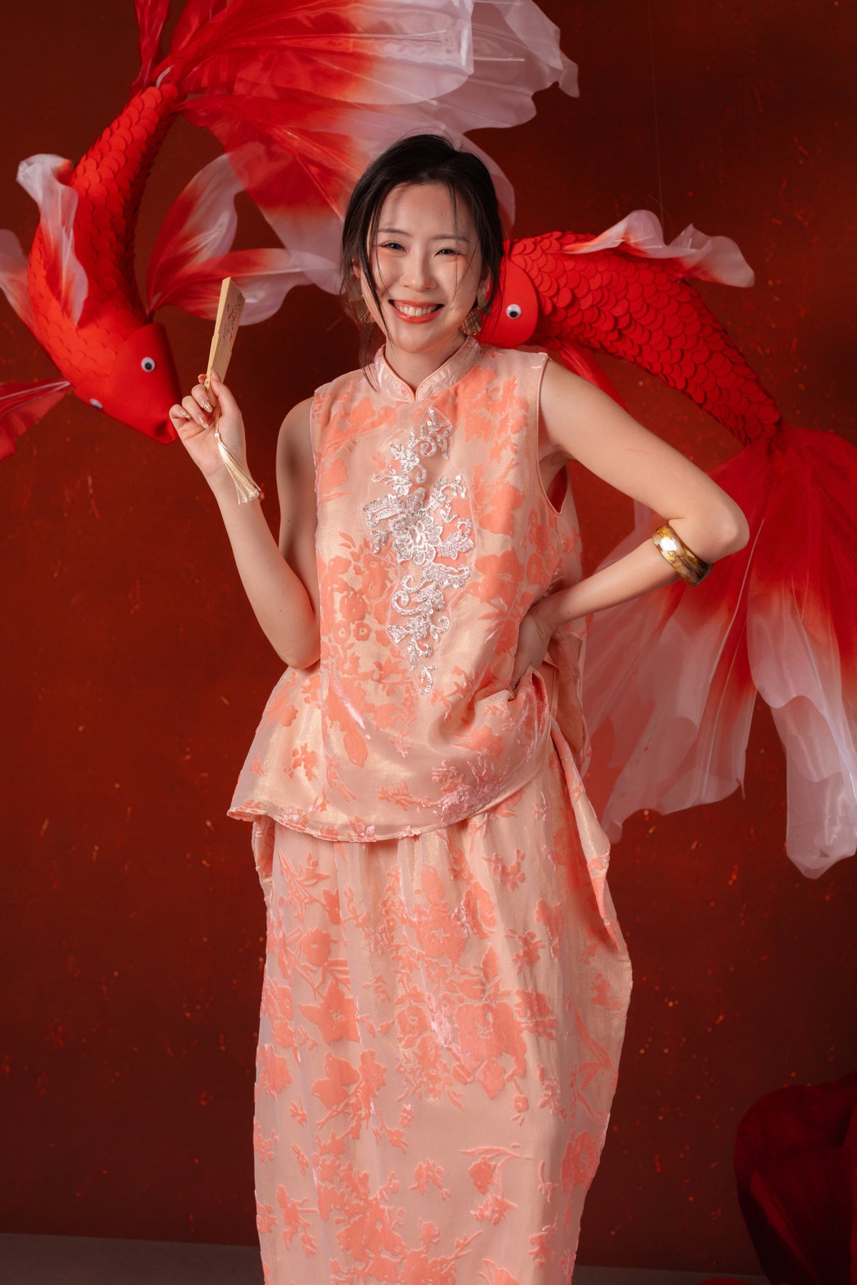 Celia Silver Blossom Cheongsam Top in Blush Pink