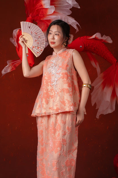 Celia Silver Blossom Cheongsam Top in Blush Pink