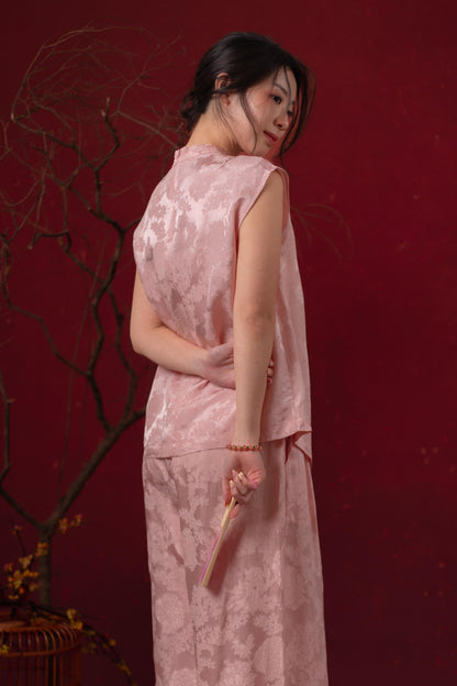 Sabine Emblem Cheongsam Top & Pants Set in Blush Pink