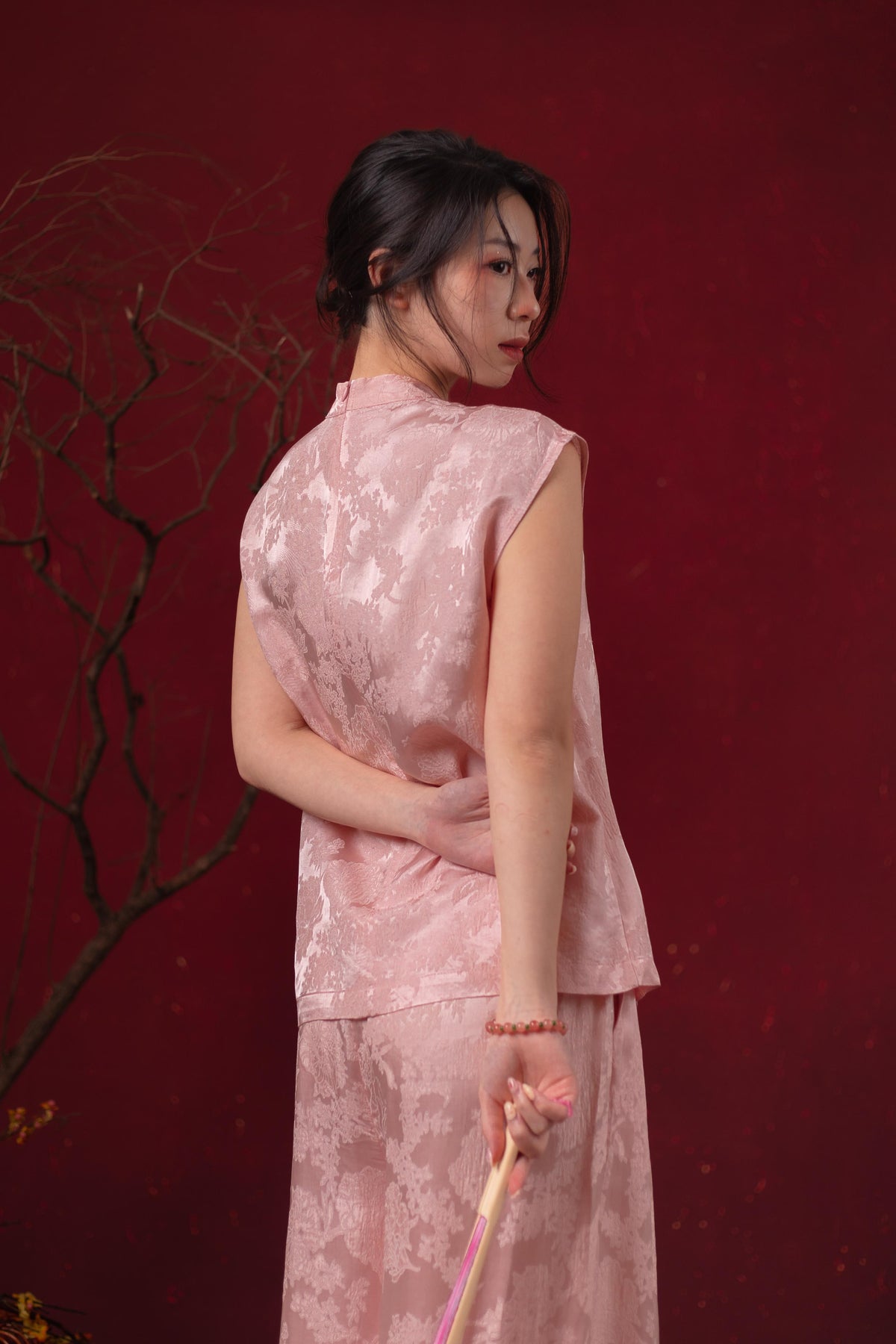 Sabine Emblem Cheongsam Top & Pants Set in Blush Pink