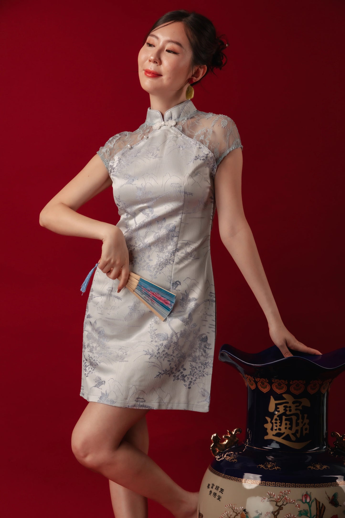 Azure Mist Lace Cheongsam Dress