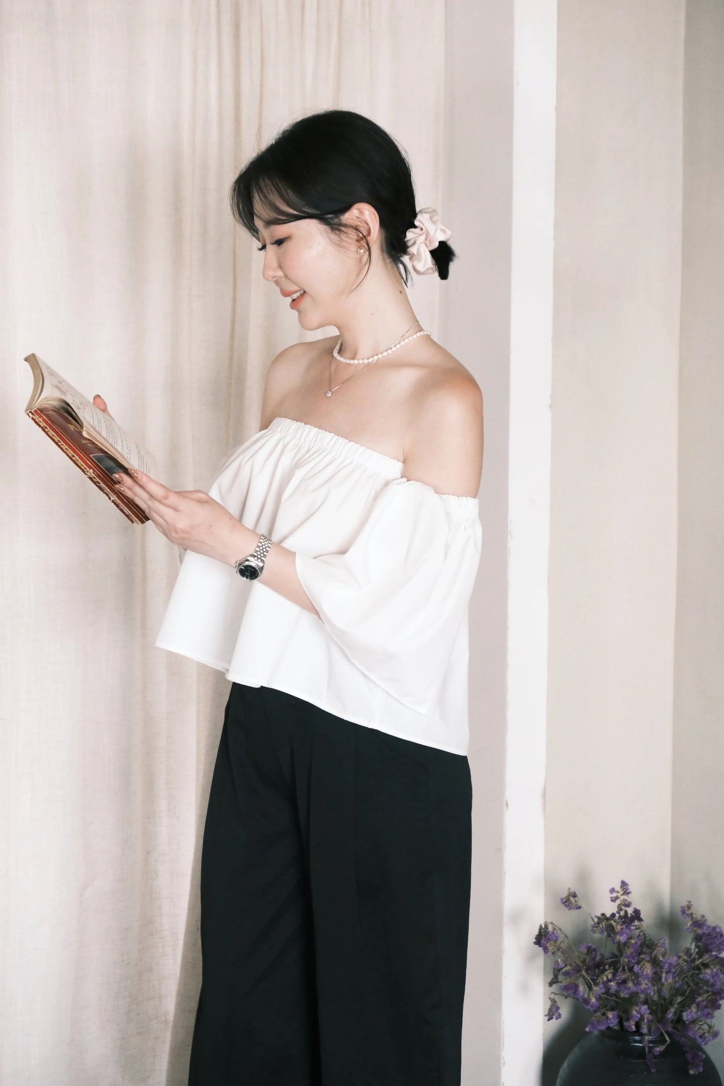 Odette Off-Shoulder Flare Sleeve Top in White