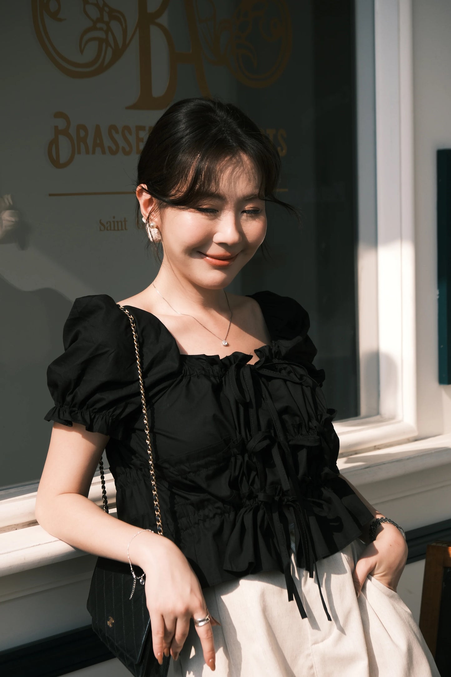 Noelle Ruched Tie Blouse in Black