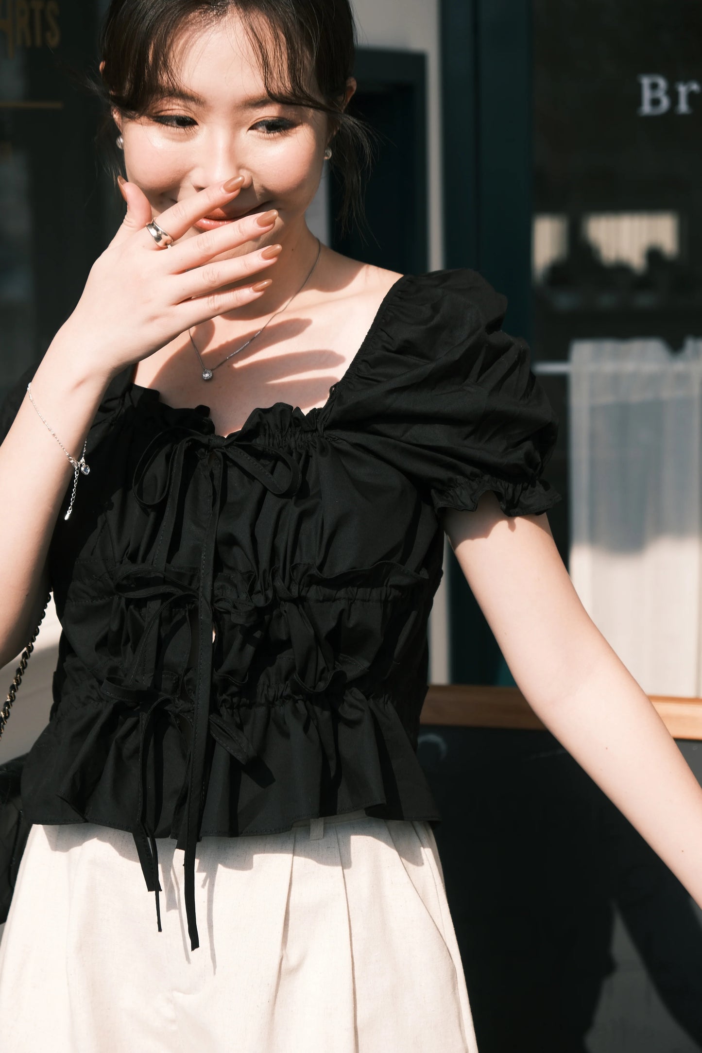 Noelle Ruched Tie Blouse in Black