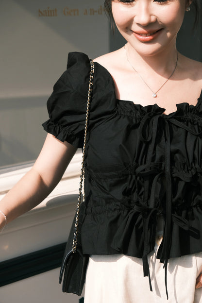 Noelle Ruched Tie Blouse in Black