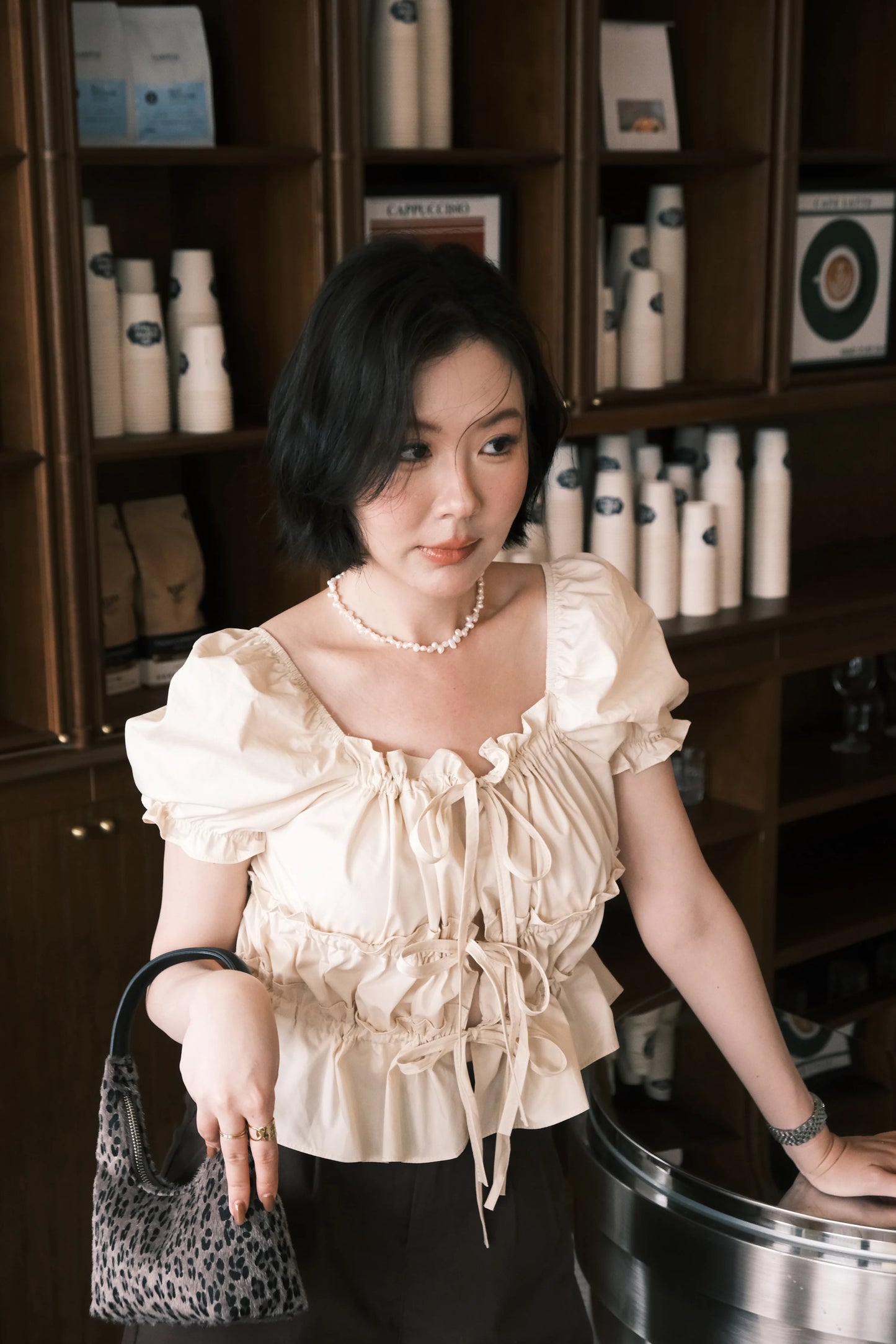 Noelle Ruched Tie Blouse in Beige