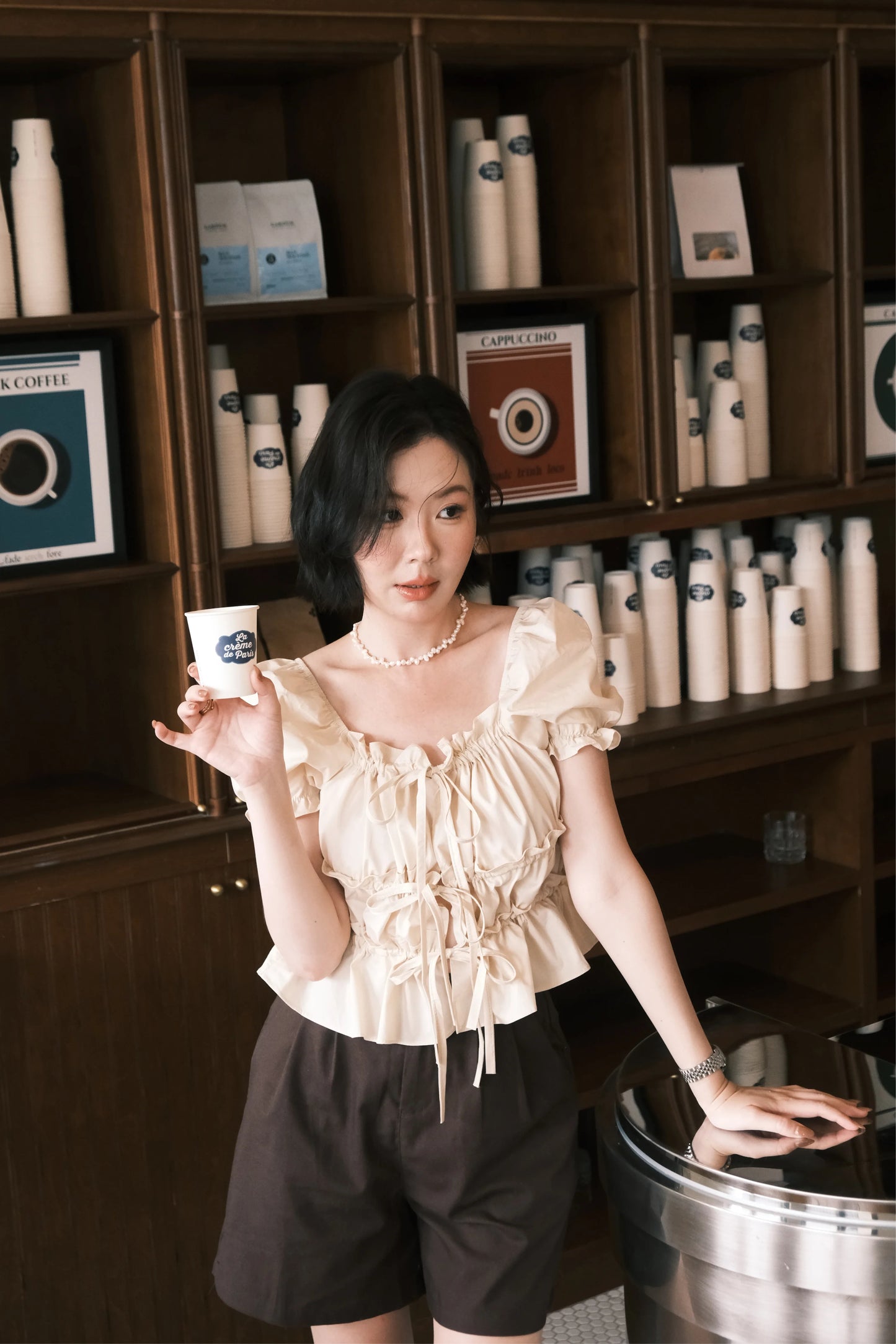 Noelle Ruched Tie Blouse in Beige