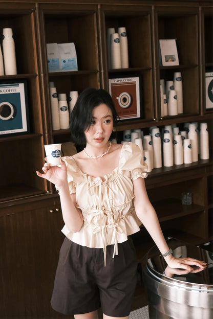 Noelle Ruched Tie Blouse in Beige