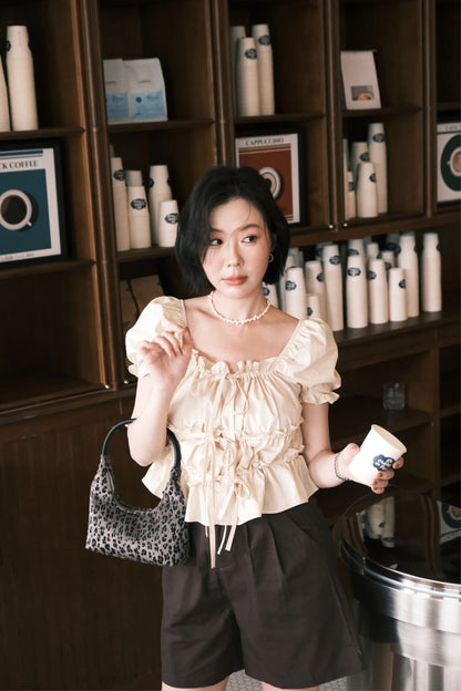 Noelle Ruched Tie Blouse in Beige