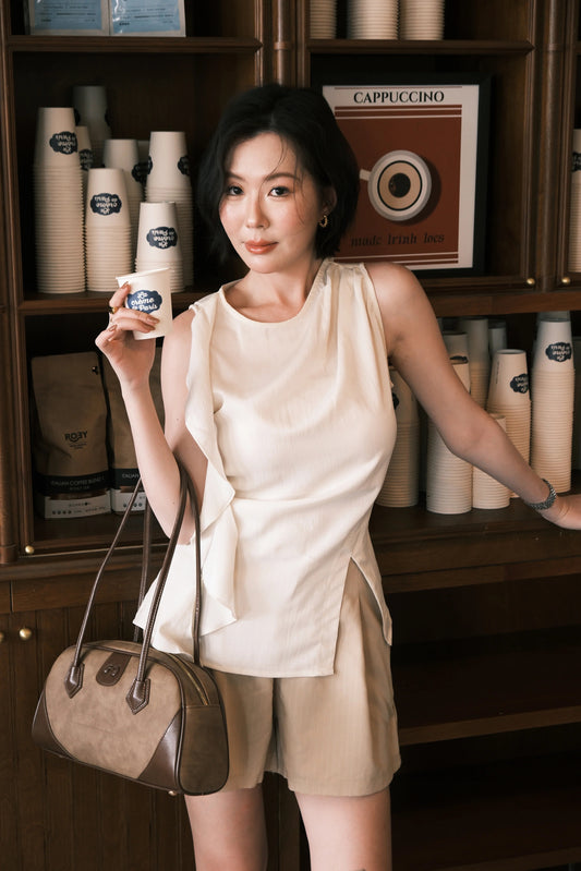 Celeste Draped Ruffle Top in Beige