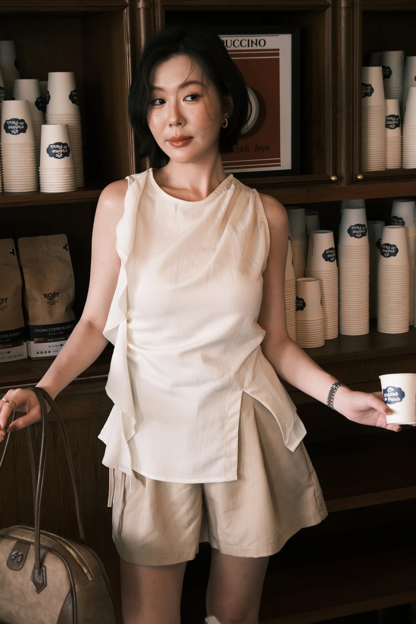 Celeste Draped Ruffle Top in Beige