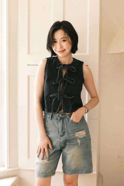 Rhea Lace-Up Denim Vest in Black