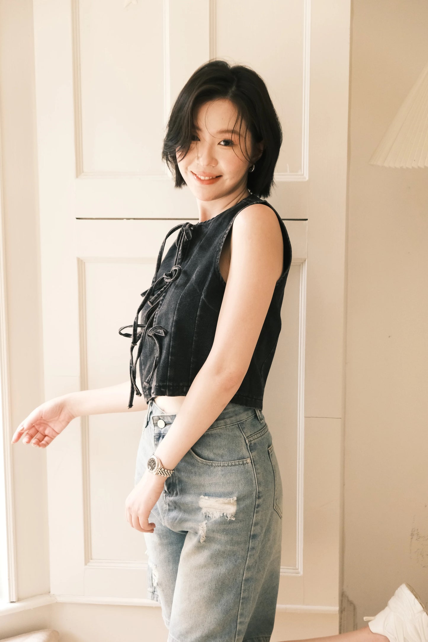 Rhea Lace-Up Denim Vest in Black