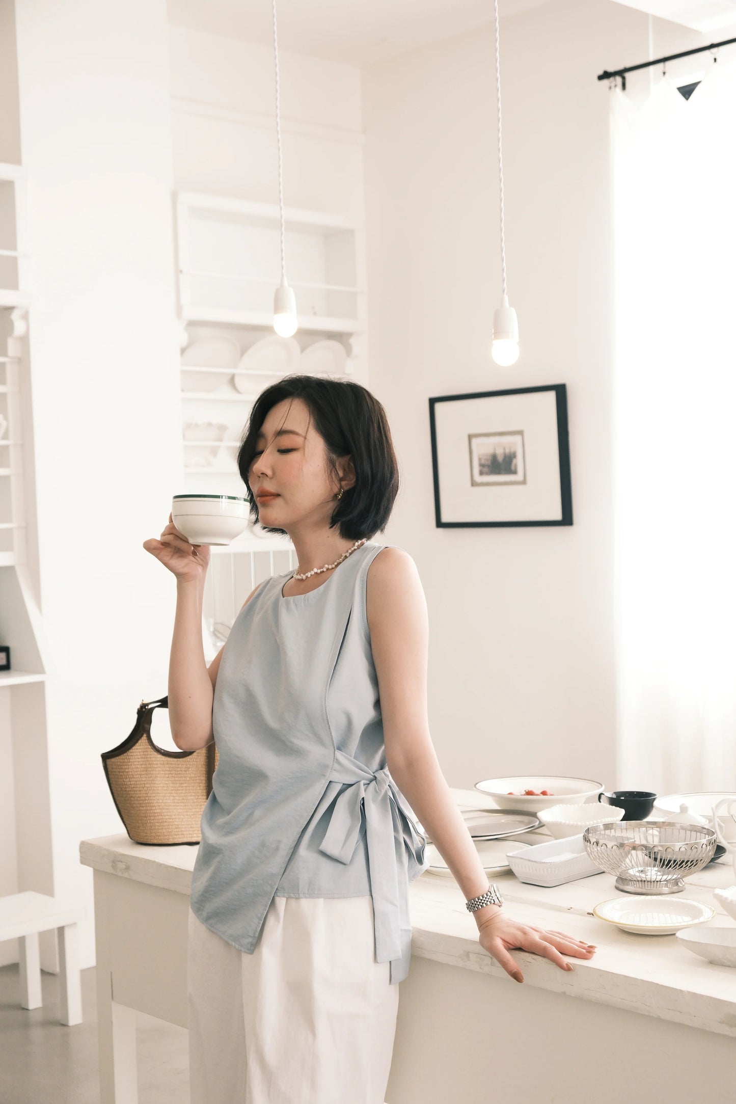 Arden Side-Tie Draped Top in Light Blue